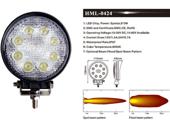 1920lm 90 ° 24 Watt LED Round Flood Lights Untuk Kendaraan Industri